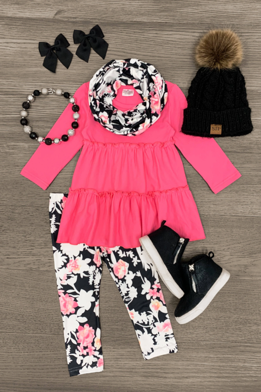 (Custom Design MOQ 5)  Hot Pink Tunic Top Flowers Legging Pants Girls 3 Pieces Clothes set