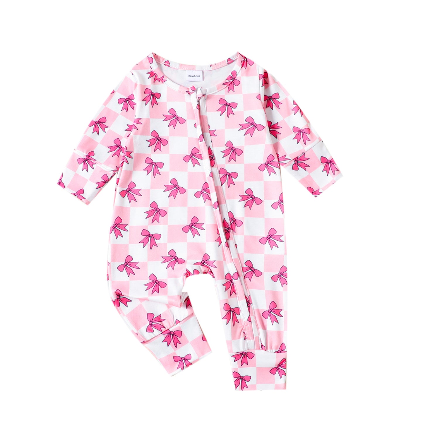 (Custom Design Preorder MOQ 5)  Pink Bows Plaid Print Baby Girls Bamboo Sleeper Zipper Romper