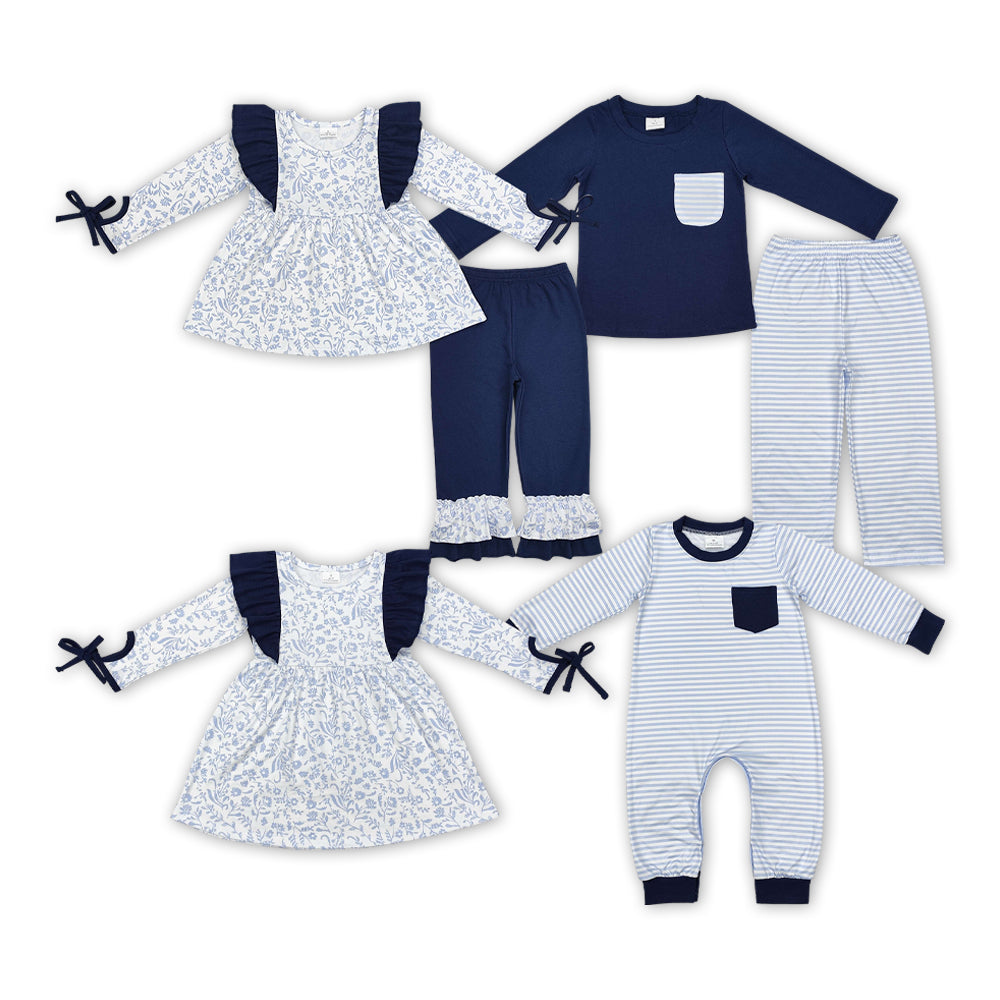 Blue Flowers Navy Color Sibling Matching Clothes