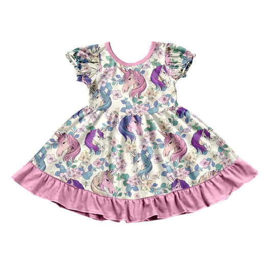 (Custom Design Preorder MOQ 5) Unicorn Flowers Print Girls Knee Length Summer Dress
