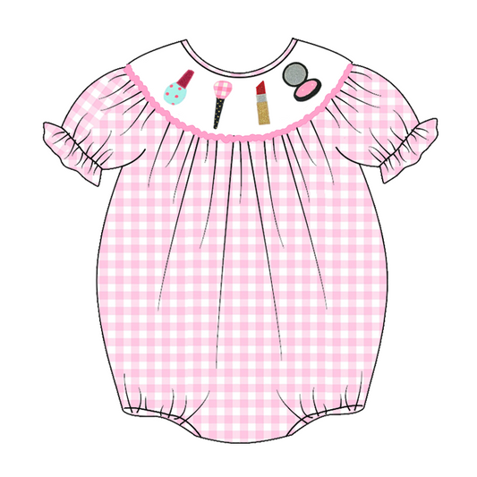 (Custom Design Preorder MOQ 5) Cosmetics Pink Plaid Print Baby Girls Summer Romper