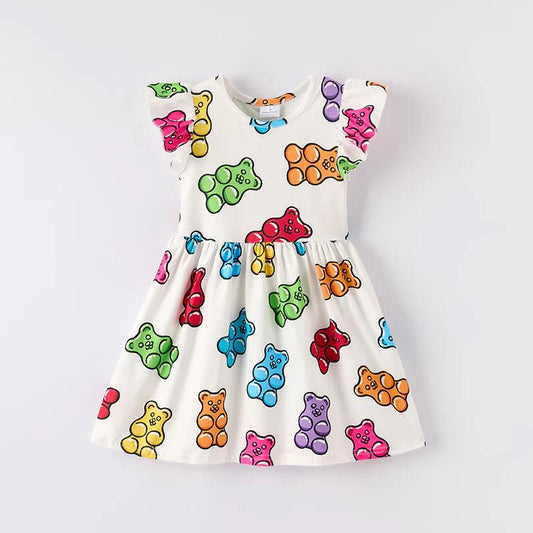 (Custom Design Preorder MOQ 5) Colorful Bear Print Girls Summer Knee Length Dress