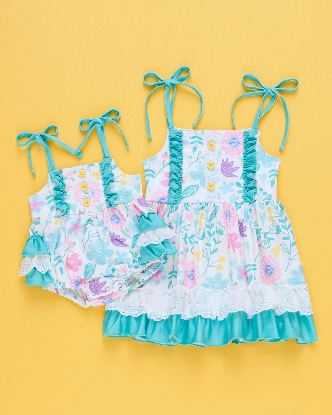 (Custom Design Preorder MOQ 5 Each Design) Colorful Flowers Print Girls Summer Matching Clothes Sisters Wear