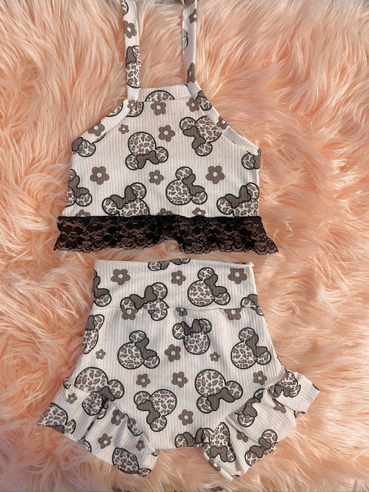 (Custom Design Preorder MOQ 5) Cartoon Mouse Print Baby Girls Summer Ribbed Bummie Set