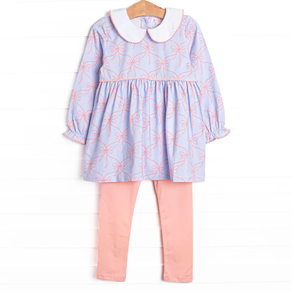 (Custom Design Preorder MOQ 5)  Bows Purple Tunic Top Pink Pants Girls Clothes Set