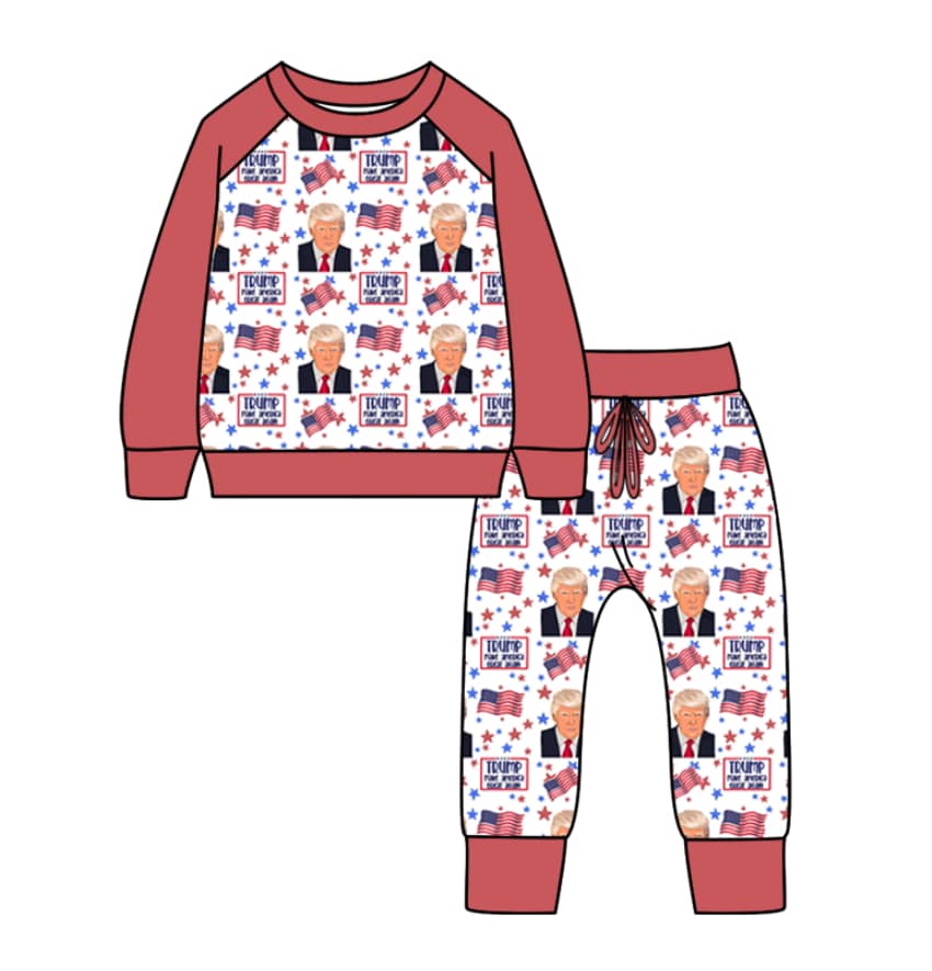 (Custom Design Preorder MOQ 5)  Trump Flags Print Kids Long Sleeve Pajamas Clothes Set