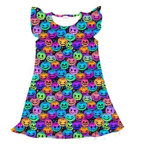 (Custom Design Preorder MOQ 5) Colorful Pumpkin Print Girls Knee Length Halloween Dress