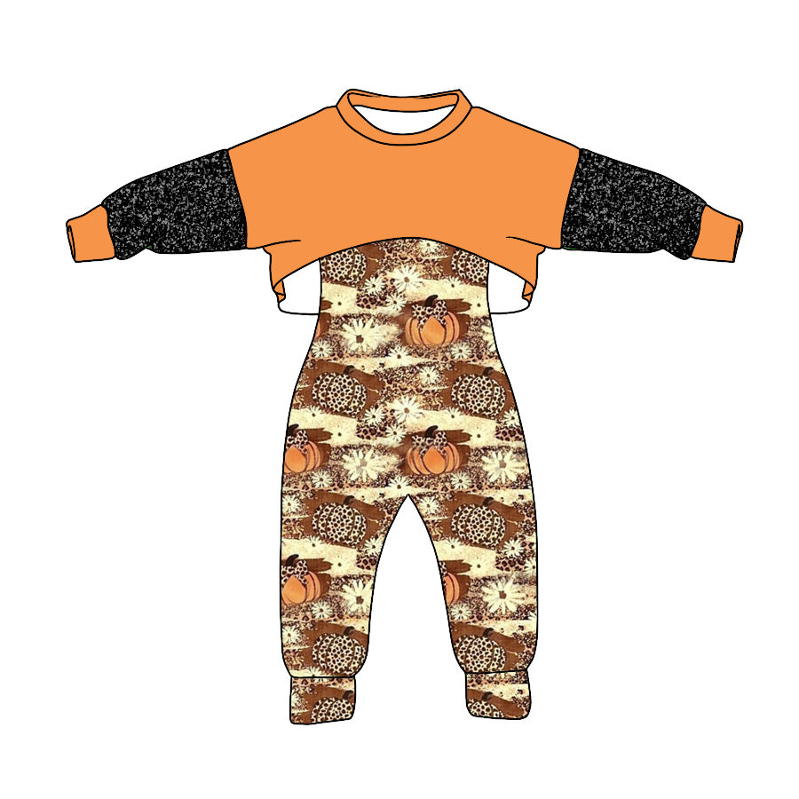 (Custom Design Preorder MOQ 5) Orange Top Pumpkin Leopard Jumpsuits Girls Fall Clothes Set