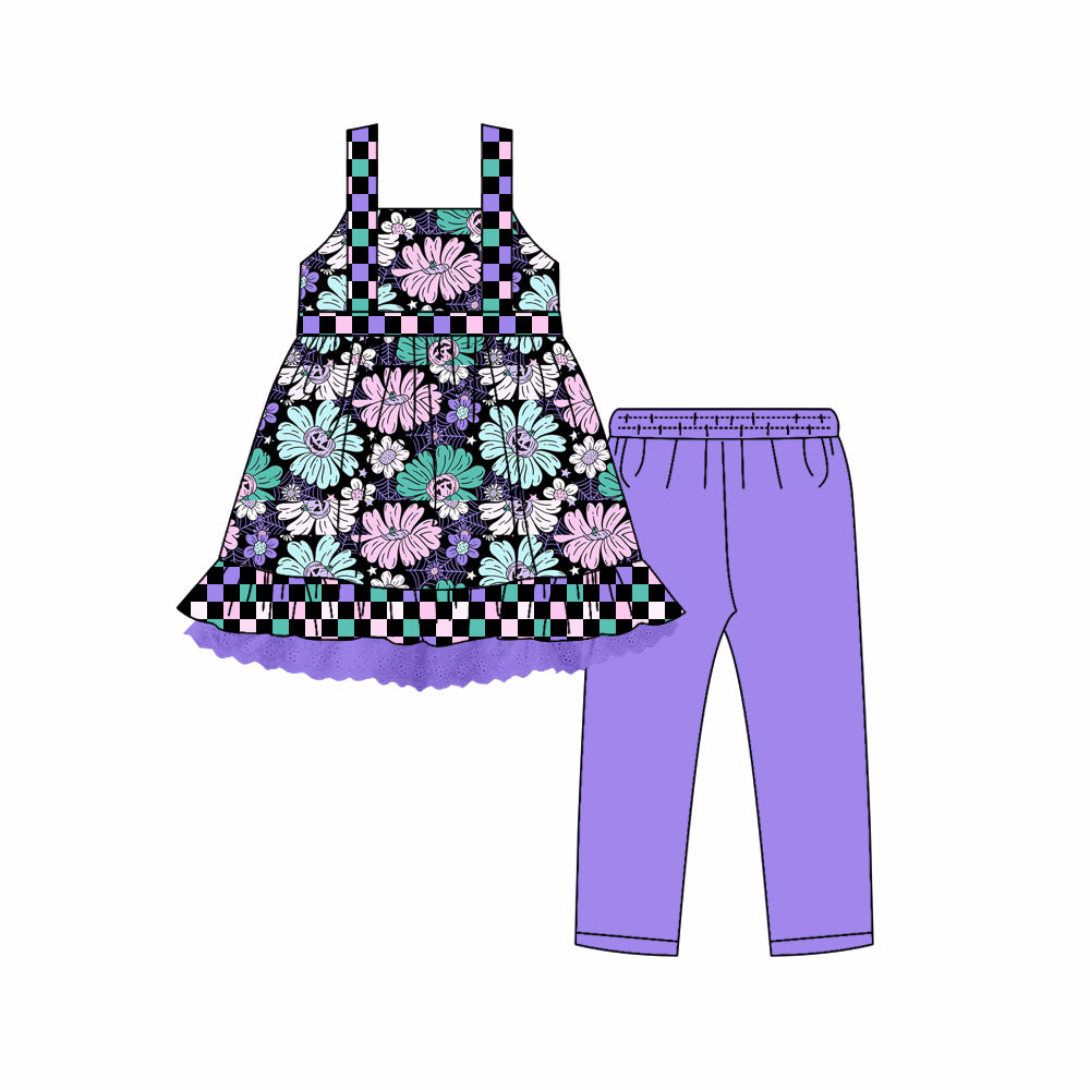 (Custom Design Preorder MOQ 5) Flowers Tunic Top Purple Legging Pants Girls Halloween Clothes Set