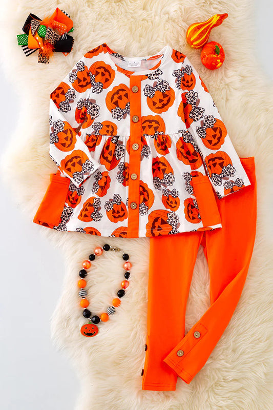 (Custom Design Preorder MOQ 5) Pumpkin Leopard Tunic Top Orange Pants Girls Fall Clothes Set