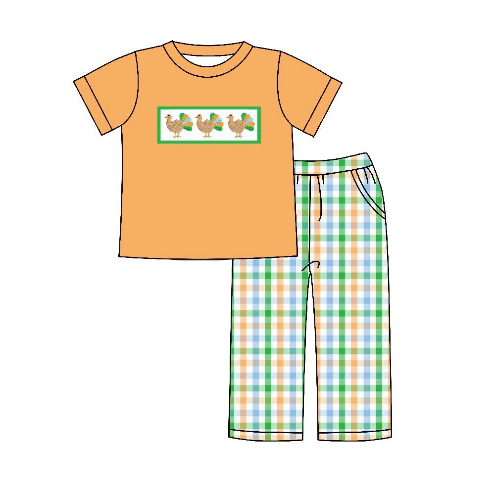 (Custom Design Preorder MOQ 5) Turkey Top Plaid Pants Boys Thanksgiving Clothes Set