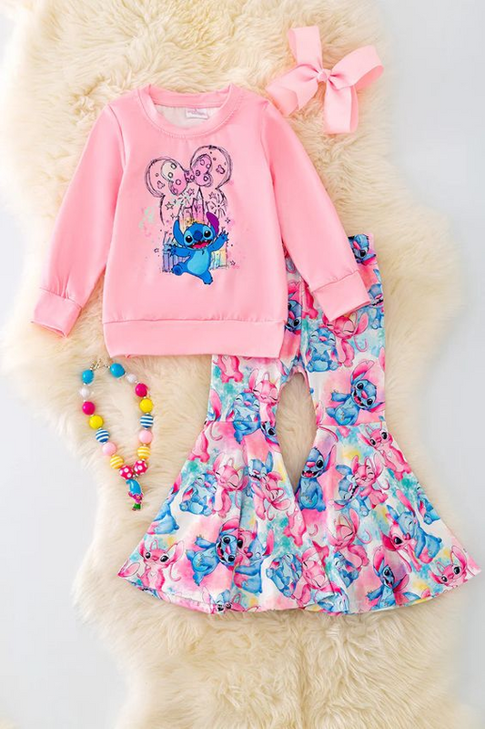 (Custom Design Preorder MOQ 5) Cartoon Animals Print Bell Pants Girls Fall Clothes Set