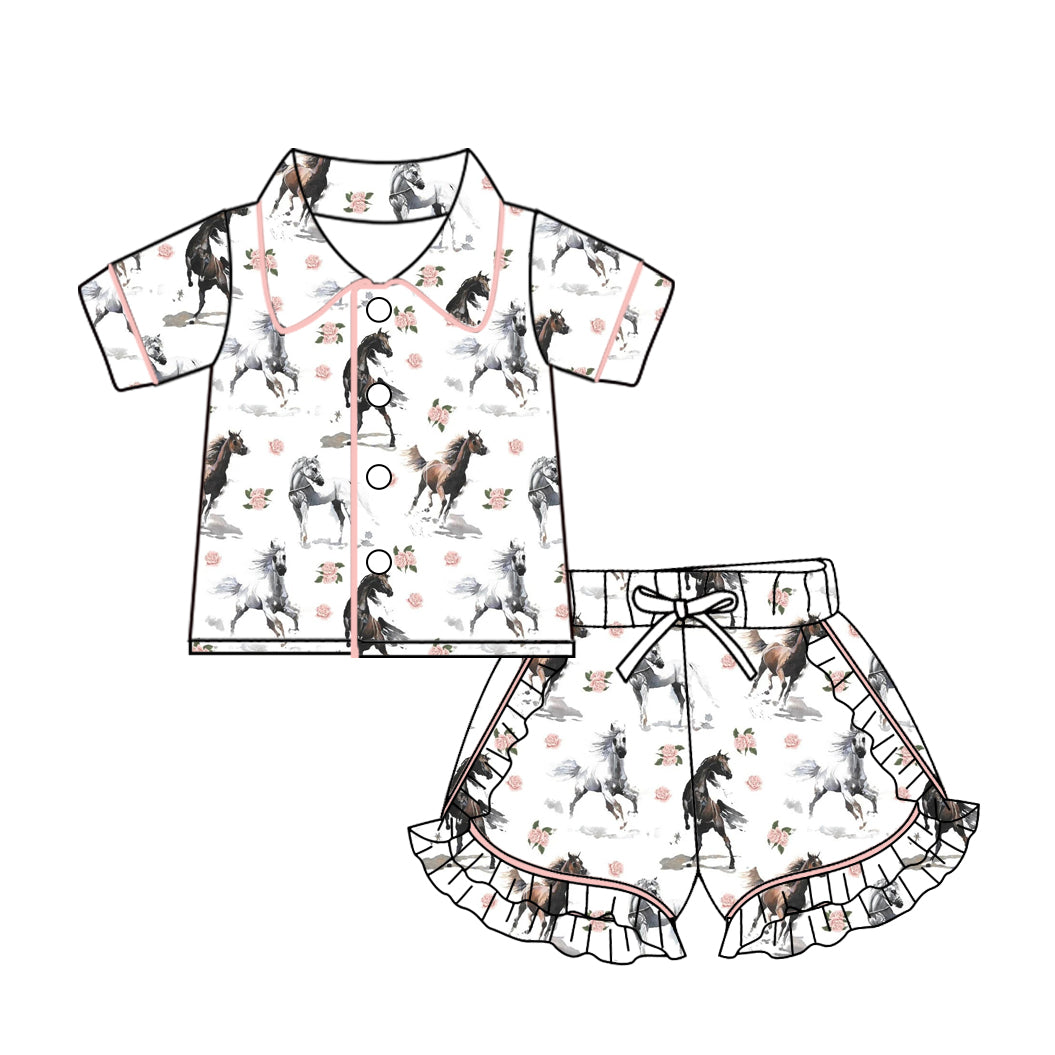 (Custom Design Preorder MOQ 5) Horse Pink Flowers Print Girls Summer Pajamas Clothes Set