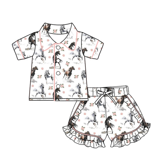 (Custom Design Preorder MOQ 5) Horse Pink Flowers Print Girls Summer Pajamas Clothes Set