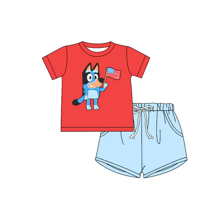 (Custom Design Preorder MOQ 5) Cartoon Dog Flag Print Boys 4th of July Clothes Set