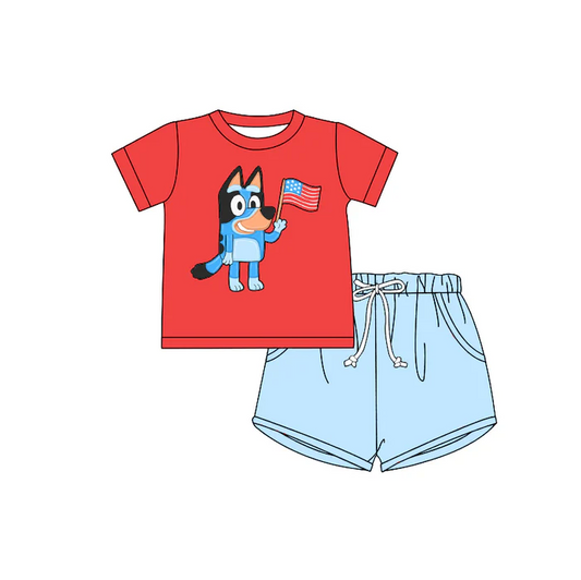(Custom Design Preorder MOQ 5) Cartoon Dog Flag Print Boys 4th of July Clothes Set