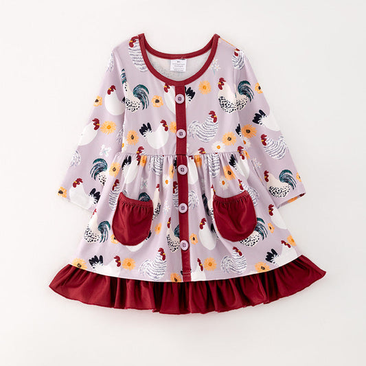 (Custom Design Preorder MOQ 5) Chicken Print Pockets Girls Knee Length Fall Dress