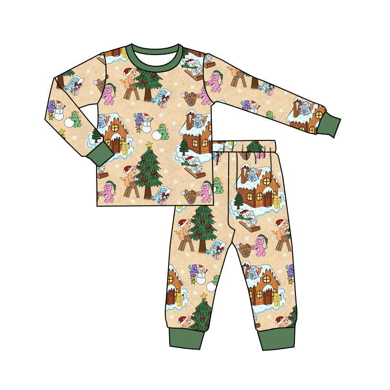 (Custom Design Preorder MOQ 5)  Cartoon Bear Print Kids Christmas Pajamas Bamboo Clothes Set