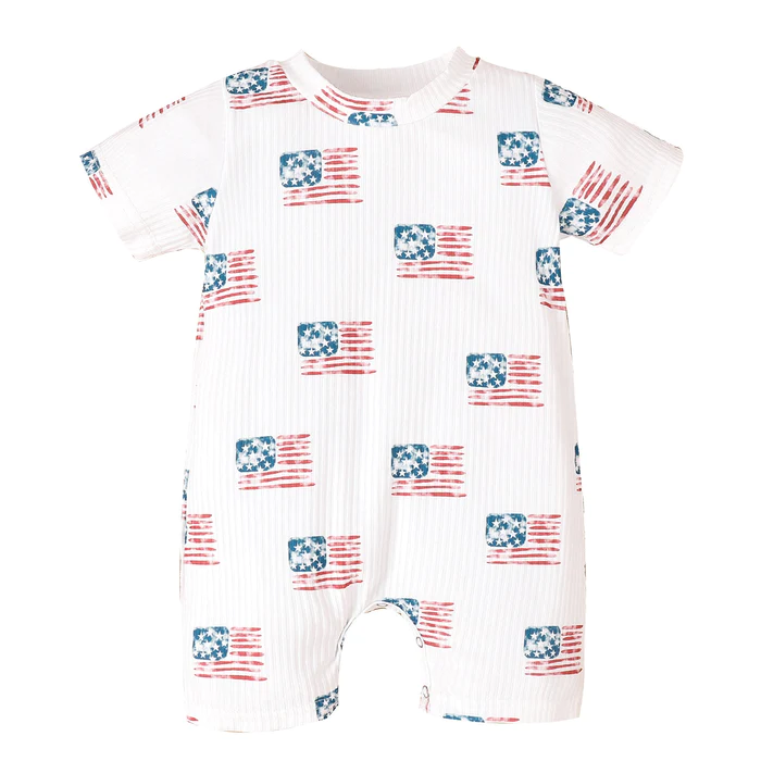(Custom Design Preorder MOQ 5) Flags Print Baby 4th of July Romper