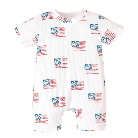 (Custom Design Preorder MOQ 5) Flags Print Baby 4th of July Romper