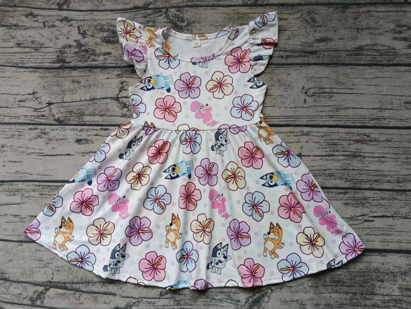 (Custom Design Preorder MOQ 5)   Cartoon Dog Flowers Print Girls Knee Length Summer Dress