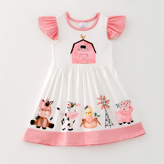 (Custom Design Preorder MOQ 5) Farm Animals Print Girls Knee Length Dress