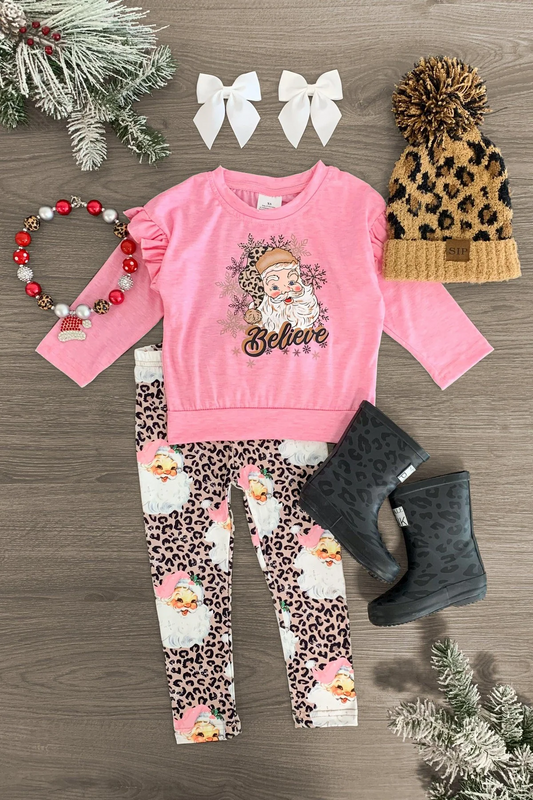 (Custom Design Preorder MOQ 5) Belive Santa Pink Top Leopard Legging Pants Girls Christmas Clothes Set