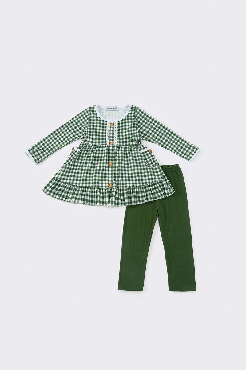 (Custom Design Preorder MOQ 5) Plaid Tunic Top Green Legging Pants Girls Christmas Clothes Set