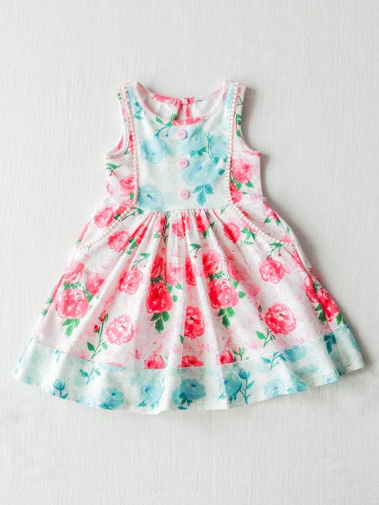 (Custom Design Preorder MOQ 5) NO.5 Flowers Print Girls Knee Length Summer Dress