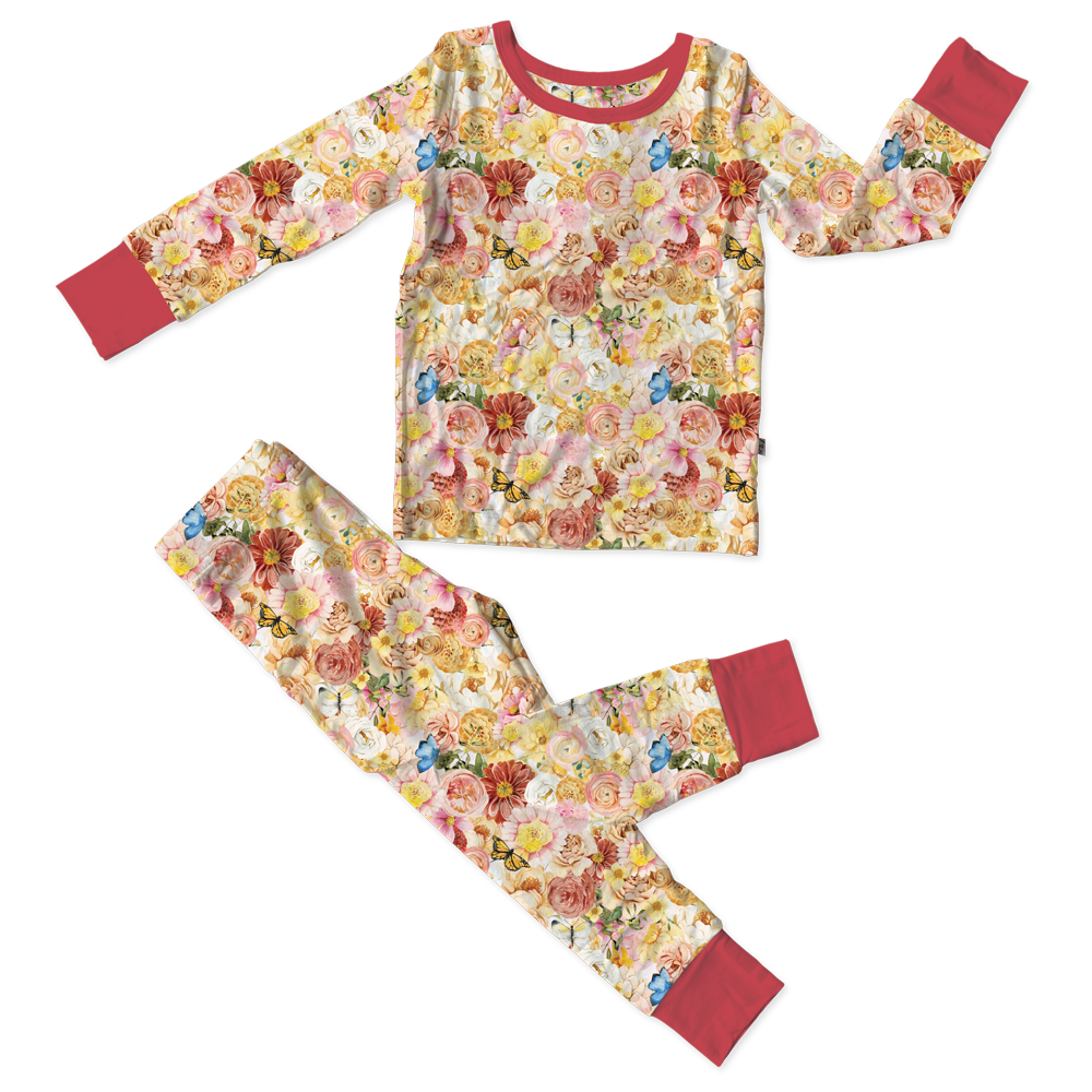 (Custom Design Preorder MOQ 5)  Flowers Print Girls Bamboo Pajamas Clothes Set