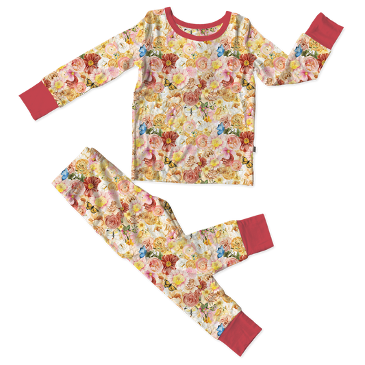 (Custom Design Preorder MOQ 5)  Flowers Print Girls Bamboo Pajamas Clothes Set