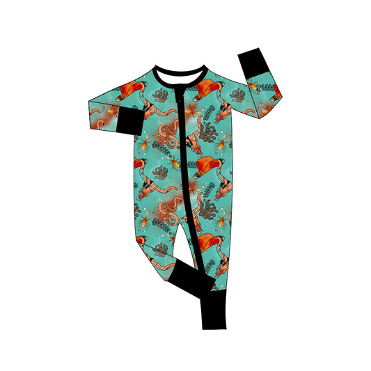 (Custom Design Preorder MOQ 5)  Cow Skull Green Print Baby Western Bamboo Sleeper Zipper Romper