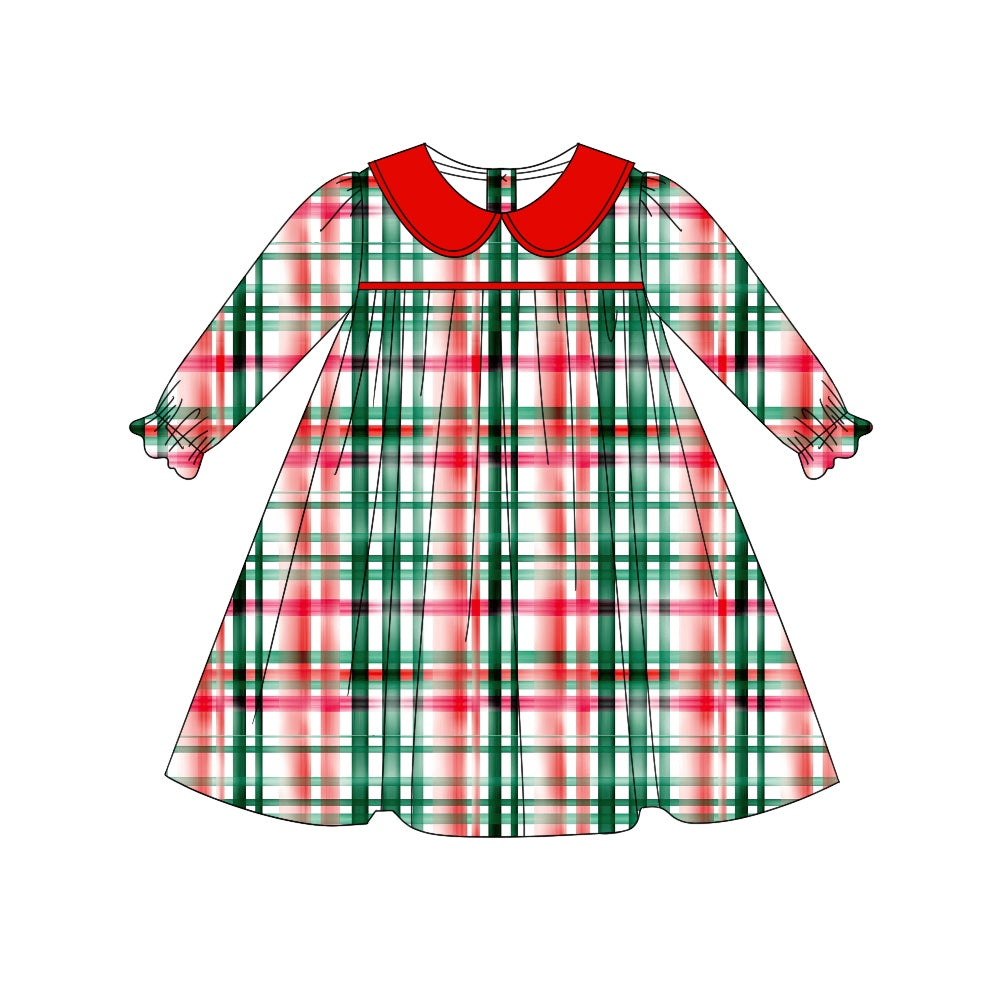 (Custom Design Preorder MOQ 5) Red Green Plaid Print Girls Knee Length Christmas Dress