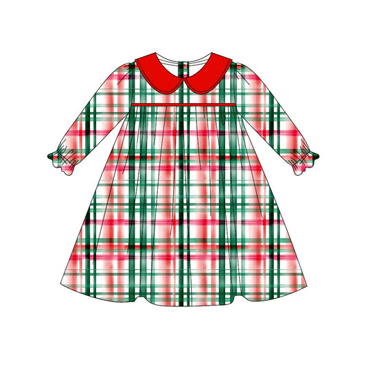 (Custom Design Preorder MOQ 5) Red Green Plaid Print Girls Knee Length Christmas Dress