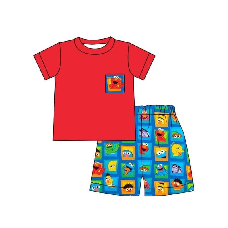 (Custom Design Preorder MOQ 5)  Red Pocket Top Cartoon Street Teacher Shorts Boys Summer Clothes Set