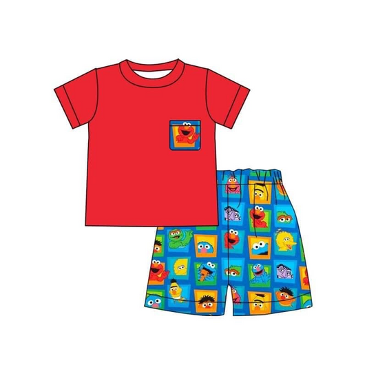 (Custom Design Preorder MOQ 5)  Red Pocket Top Cartoon Street Teacher Shorts Boys Summer Clothes Set