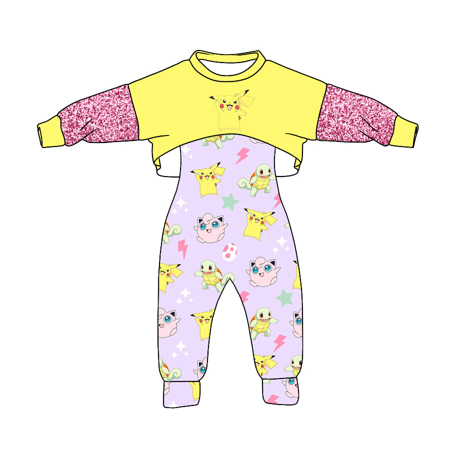 (Custom Design Preorder MOQ 5) Yellow Top Cartoon Animals Jumpsuits Girls Fall Clothes Set