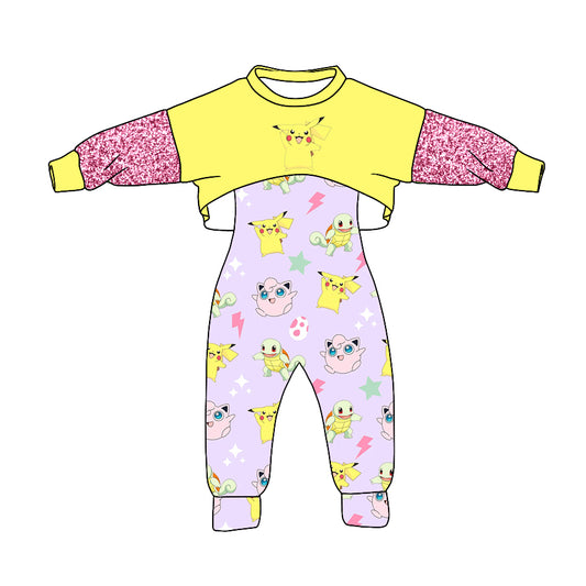 (Custom Design Preorder MOQ 5) Yellow Top Cartoon Animals Jumpsuits Girls Fall Clothes Set