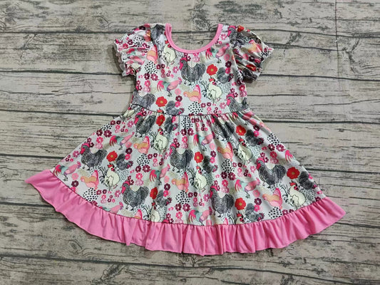 (Custom Design Preorder MOQ 5) Chicken Flowers Print Girls Knee Length Summer Dress