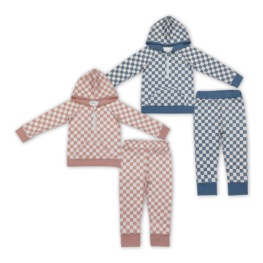 Plaid Hoodie Zipper Top Pants Kids Fall Clothes Set Sibling Wear