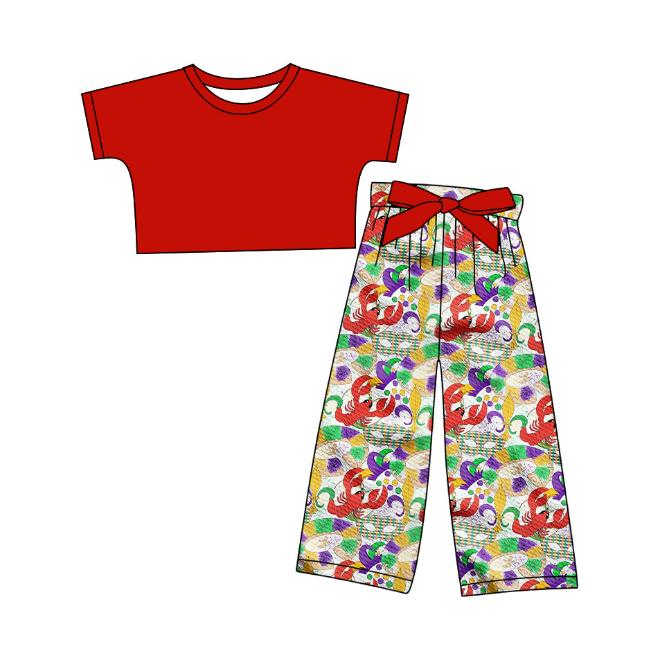 12.10(Custom Design Preorder MOQ 5) Red Top Mask Crayfish Pants Girls Mardi Gras Clothes Set