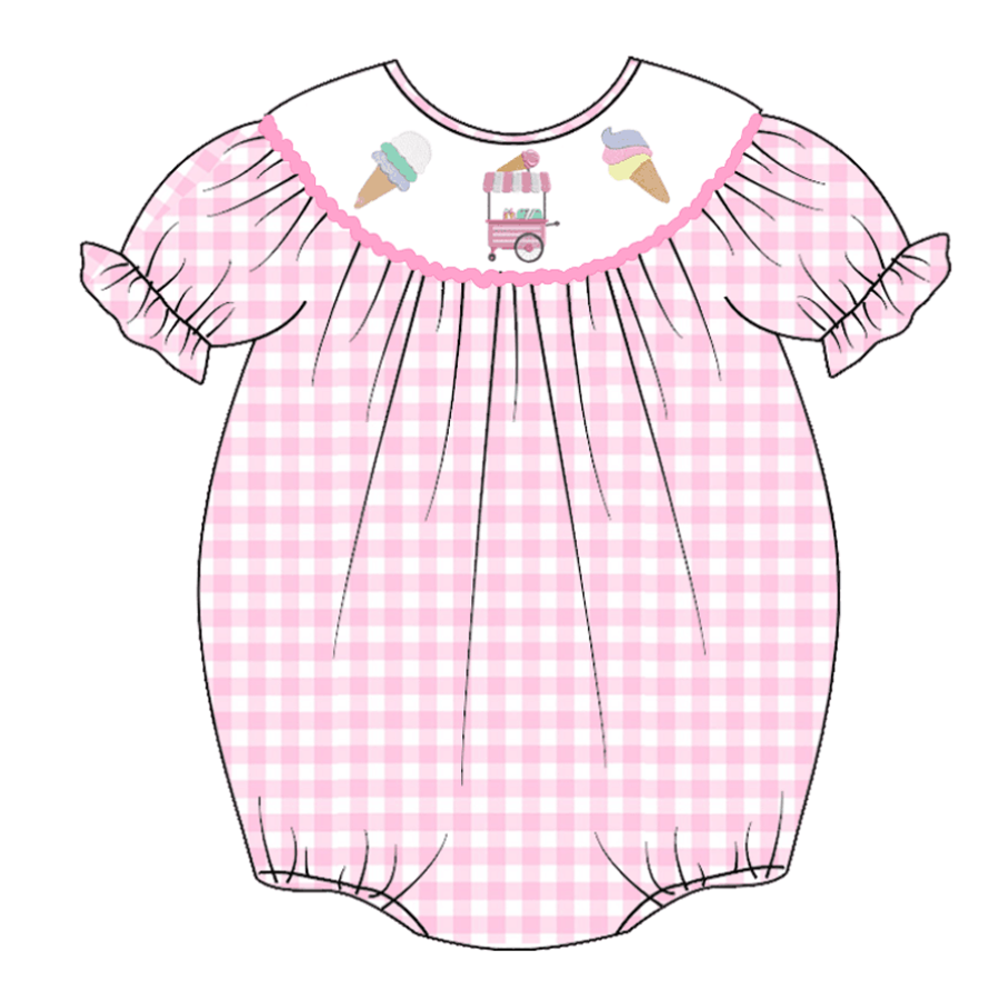 (Custom Design Preorder MOQ 5) Ice Cream Truck Pink Plaid Print Baby Girls Summer Romper