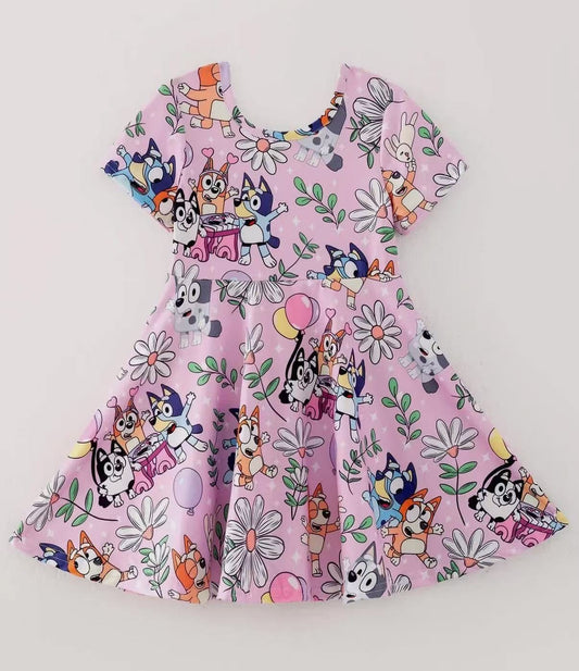 (Custom Design Preorder MOQ 5) Cartoon Dog Flowers Print Girls Knee Length Summer Dress