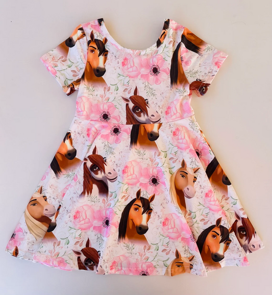 (Custom Design Preorder MOQ 5)  Horse Flowers Print Girls Knee Length Dress