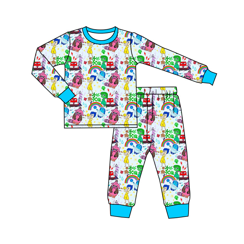 (Custom Design Preorder MOQ 5) Cartoon Figure Inside Out Rainbow Print Kids Bamboo Pajamas Clothes Set