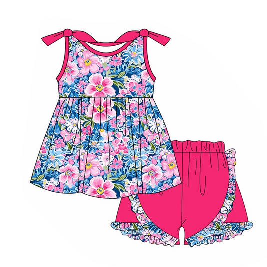 3.10(Custom Design Preorder MOQ 5) Flowers Tunic Top Ruffle Shorts Girls Summer Clothes Set