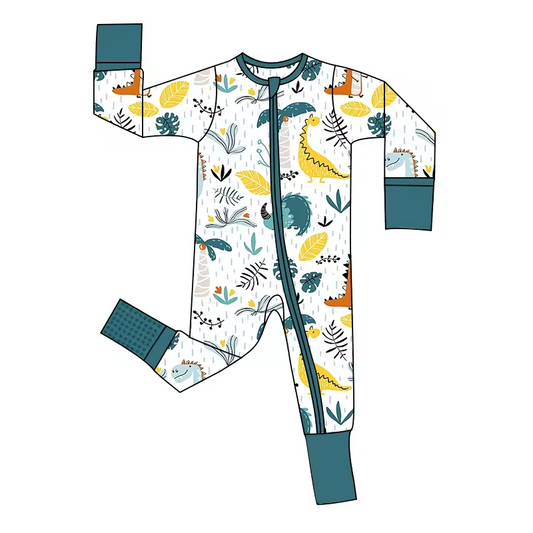 (Custom Design Preorder MOQ 5)  Dino Print Baby Boys Bamboo Sleeper Zipper Romper