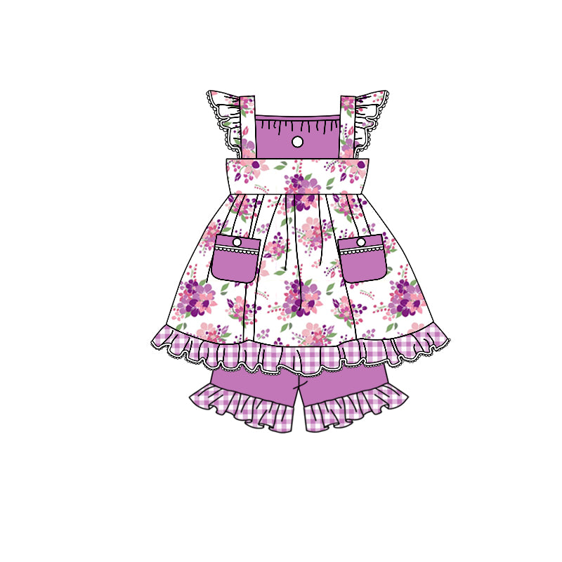 (Custom Design Preorder MOQ 5) Purple Flowers Print Pockets Top Ruffle Shorts Girls Summer Clothes Set