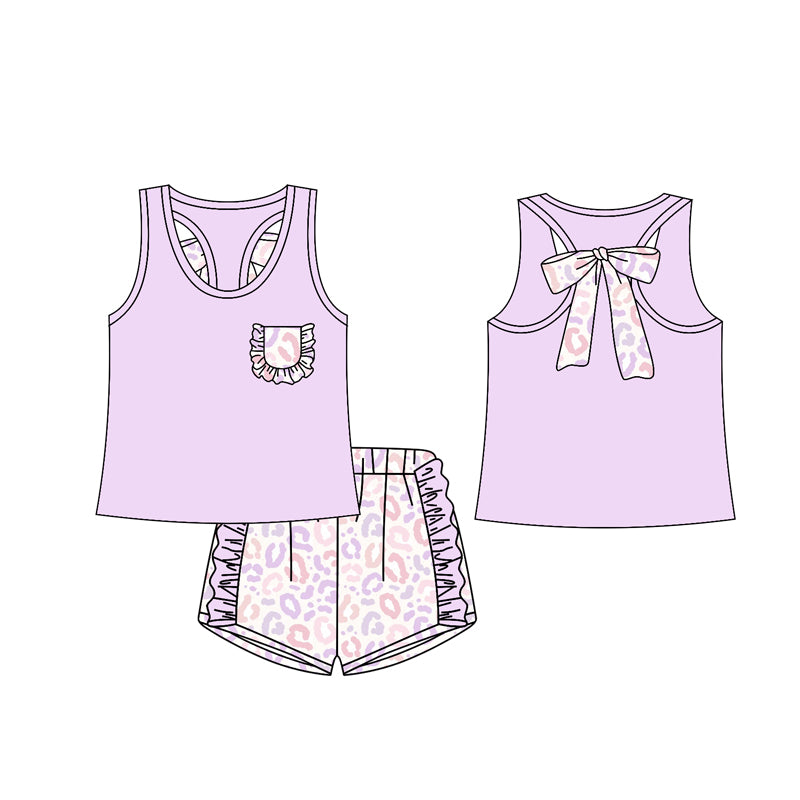 12.13(Custom Design Preorder MOQ 5) Pink Pocket Vest Top Leopard Shorts Girls Summer Clothes Set