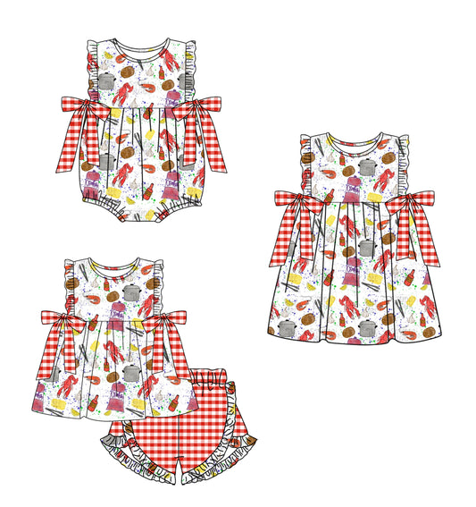 12.13(Custom Design Preorder MOQ 5 Each Design) Crayfish Red Plaid Print Girls Summer Matching Clothes Sisters Wear